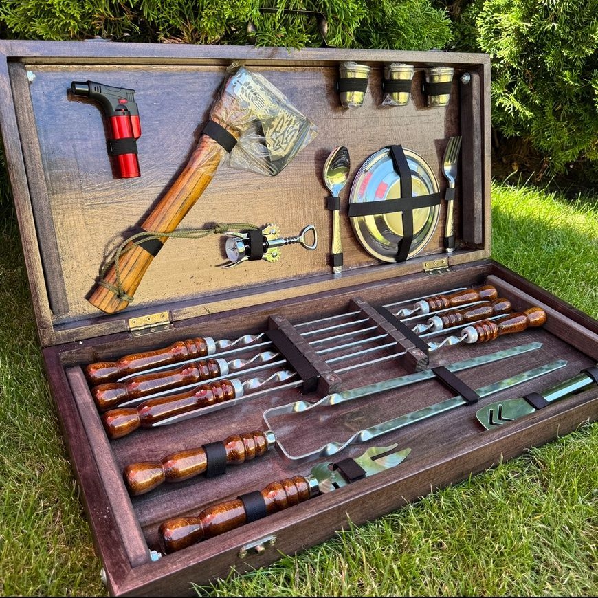 Набор шампуров BBQ Luxe Edition в деревянном кейсе. Подарочный набор для пикника KS-7502 фото