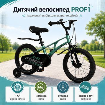Дитячий велосипед PROF1 AIR 16 дюймів Dark Green з багажником і додатковими колесами 161060 dark green фото