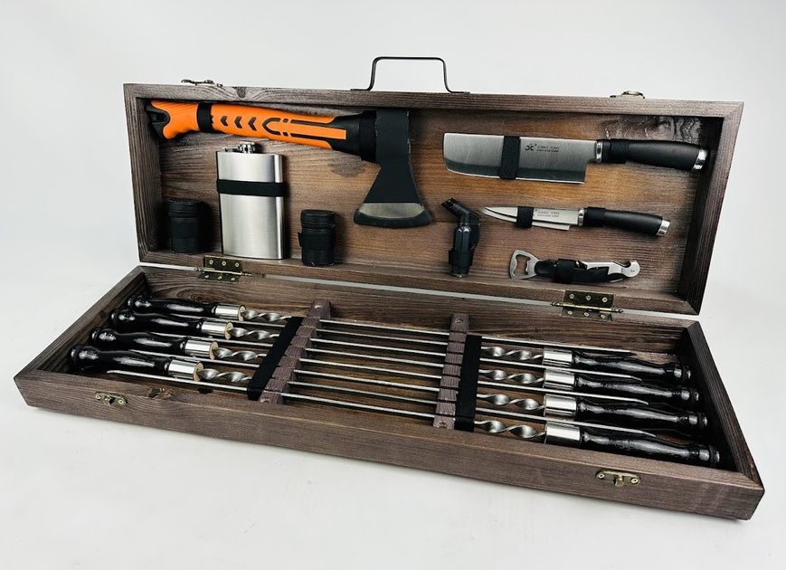 Набор шампуров Закалённые Огнем в деревянном кейсе. Подарочный набор для пикника KS-7621 фото